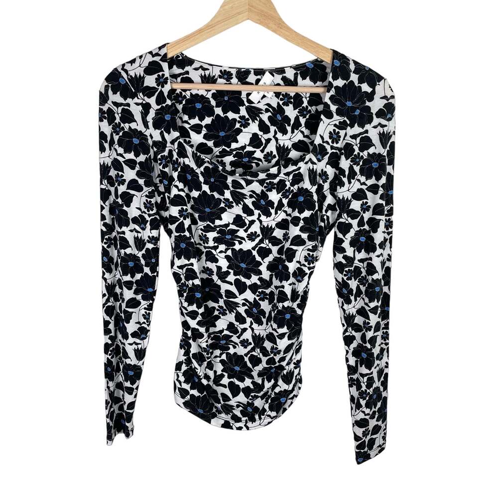 Reiss Jemima Floral Printed Ruched Jersey Long Sleeve Top Sz S White Black Blue